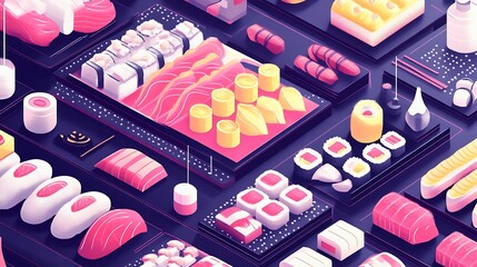 Isometric Sushi Platter Variety.