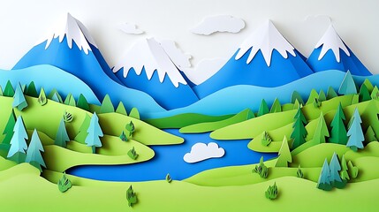 Paper art mountain lake landscape.
