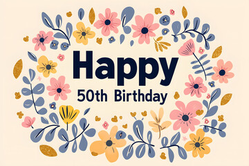 Happy 50th Birthday Floral Greeting Card Pastel Colors Gold Accents