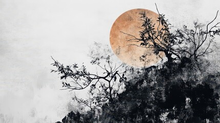 A serene landscape featuring a large orange moon and silhouetted branches against a textured background.