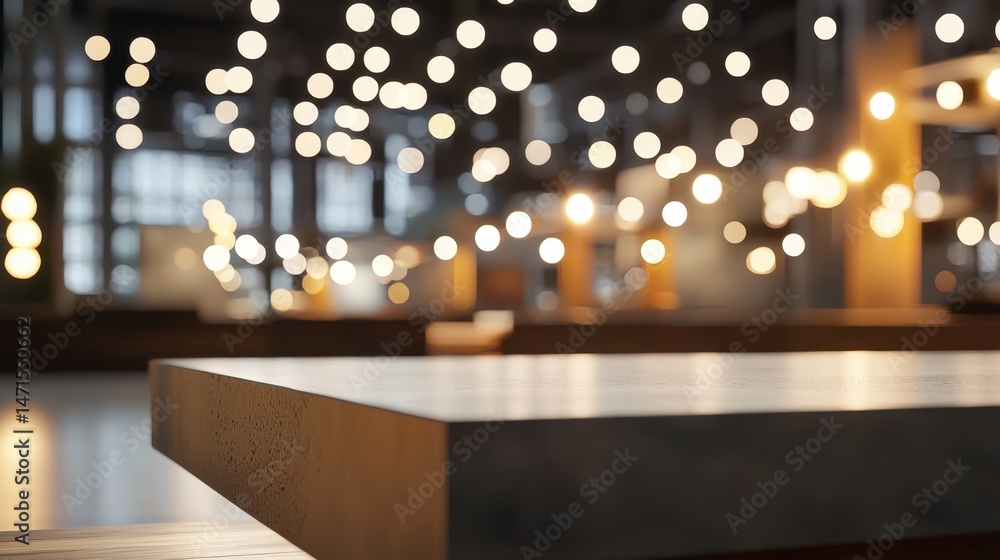 Aufkleber soft bokeh lights illuminate a wooden table in a modern indoor space during evening hours creating a