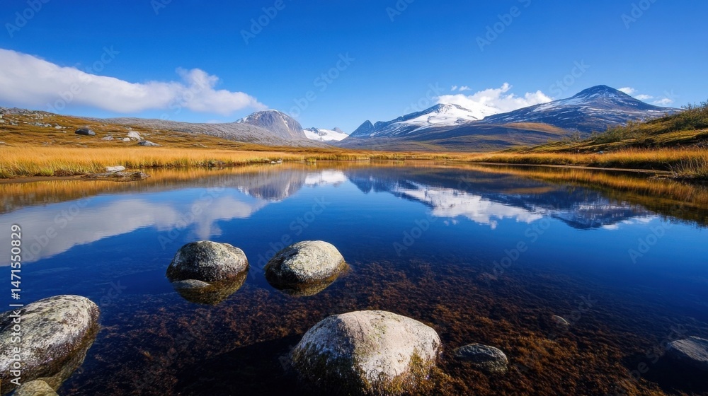 Poster serene mountain lake reflecting snow-capped peaks under a vibrant blue sky, with smooth rocks partia