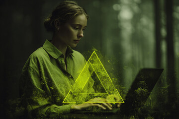 Woman in green shirt works on laptop outdoors, overlaid with glowing yellow triangle and network graphic, suggesting digital connectivity in nature