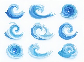 Fototapeta premium a set of small, minimalist 2D vector icons representing different types of waves and a vortex. Each icon should be easily recognizable with simple shapes and a limited color palette.
