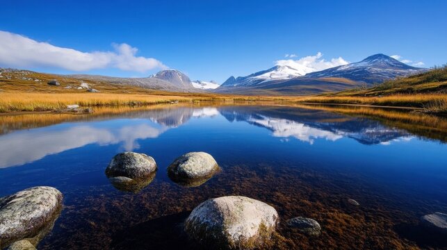Serene mountain lake reflecting snow-capped peaks under a vibrant blue sky, with smooth rocks partially submerged in clear water. : Generative AI - Powered by Adobe