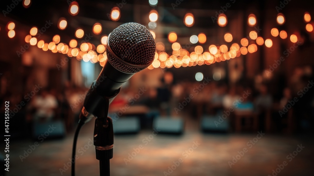 Aufkleber Close-up of a microphone on a stand in a dimly lit venue with a blurred background of people and warm string lights. : Generative AI