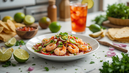  A bowl of shrimp salad featuring lime slices and cucumber, garnished for a fresh and vibrant presentation