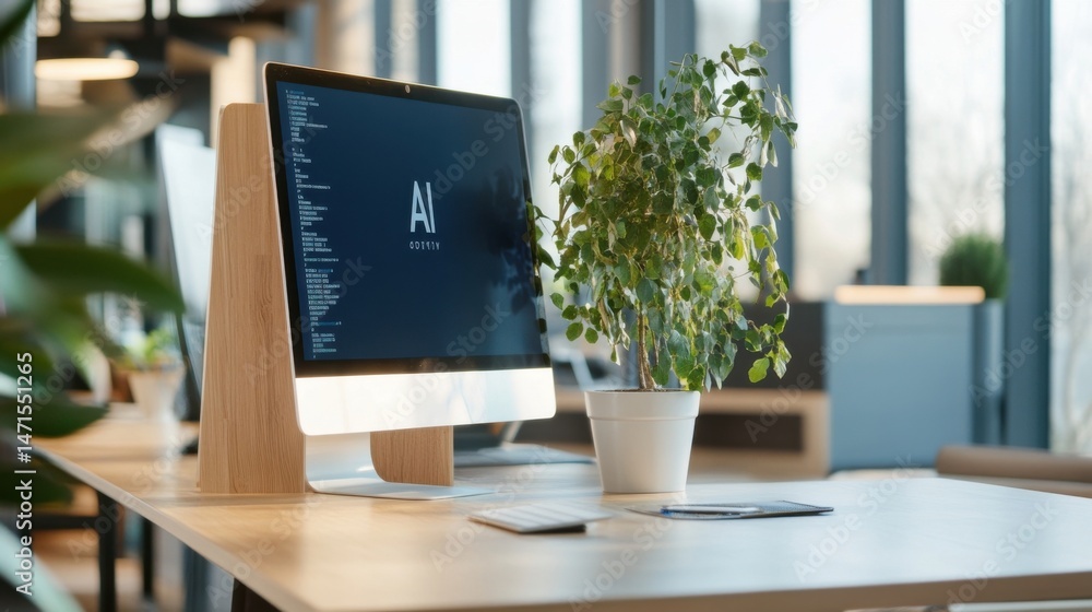 Aufkleber Modern office workspace featuring an all-in-one computer displaying AI coding, complemented by a small potted plant on a light wood desk. : Generative AI