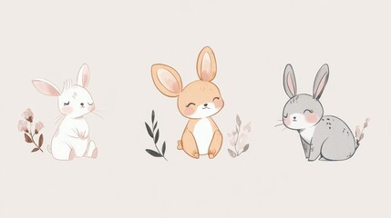 Fototapeta premium Three cute illustrated rabbits with soft colors and floral accents.