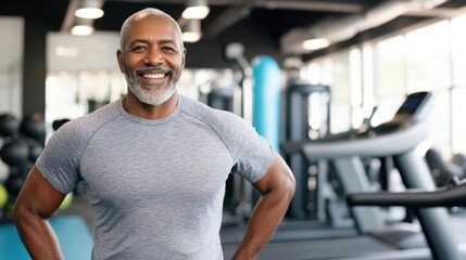 Fototapeta premium Smiling senior man in grey t-shirt stands in modern gym, hands on hips, fitness, health, wellbeing. : Generative AI