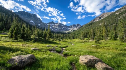 Serene mountain valley landscape with lush green meadow, a small stream, and towering evergreen trees under a vibrant blue sky with fluffy clouds. : Generative AI