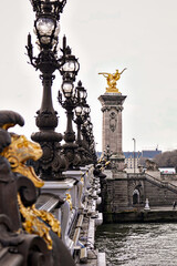 Architectural detail of Pont Alexandre III with ornate lanterns and golden statue on a cloudy day...