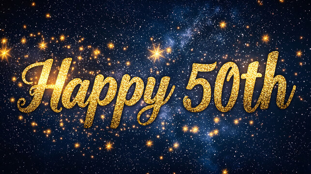 Happy 50th Birthday Celebration Gold Glitter Text on Dark Blue Starry Night Background - Powered by Adobe