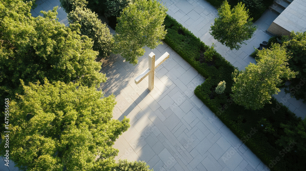 Aufkleber aerial view of a modern cross sculpture in a serene garden setting, surrounded by lush green trees a
