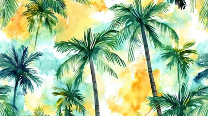 Vibrant watercolor palm trees pattern, tropical vacation illustration, summer vibes