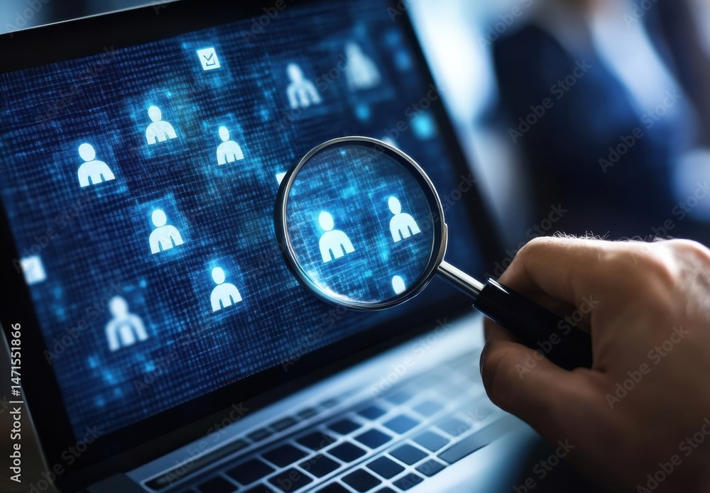 Poster a hand uses a magnifying glass to examine digital profiles displayed on a laptop screen, highlightin