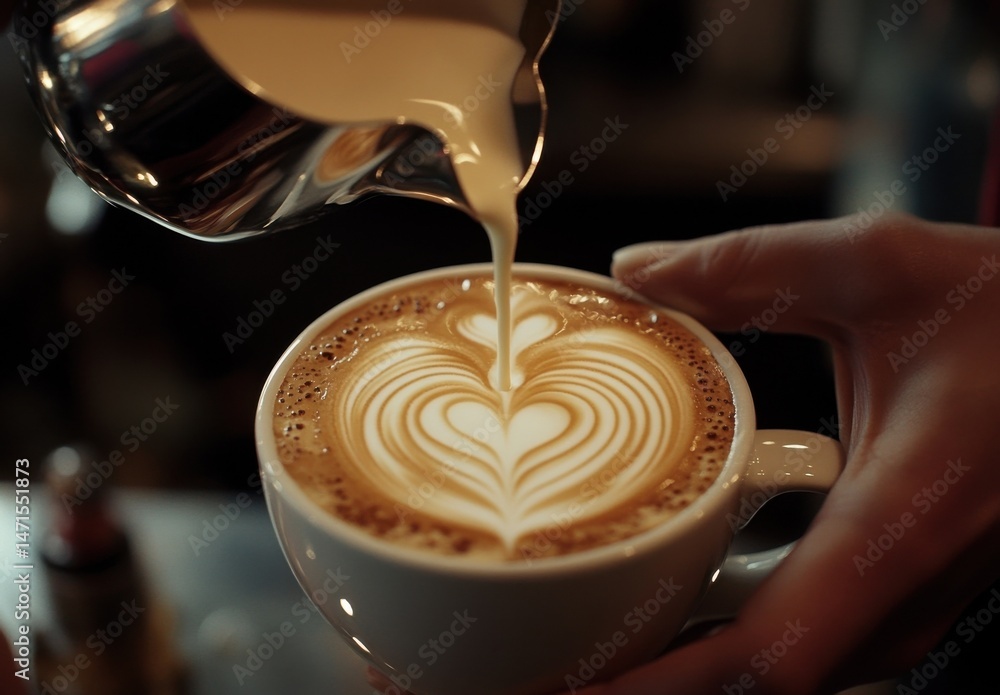 Poster barista pouring steamed milk into a cup of coffee, creating latte art in the shape of a heart. the c