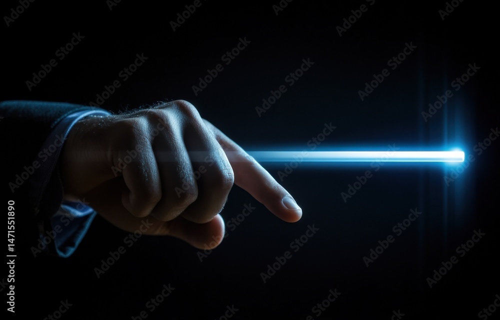 Aufkleber a businessman's hand elegantly points towards a vibrant, glowing blue line of light against a stark 