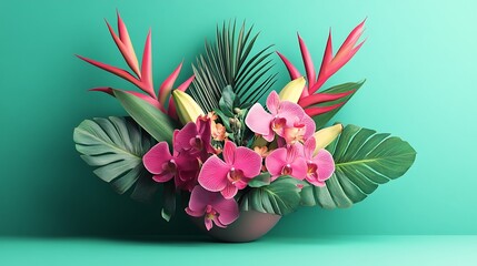 Tropical Flower Arrangement with Teal Background.