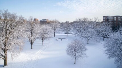A solitary figure walks through a snow-covered campus park, surrounded by snow-laden trees and university buildings in the background under a clear winter sky. : Generative AI