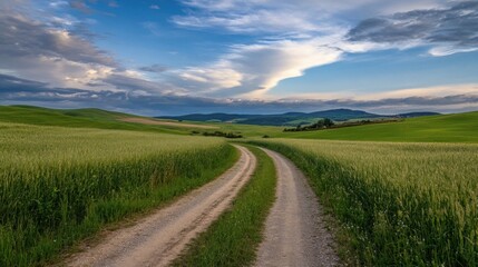 Obraz premium Serene countryside road winding through vibrant green fields under a partly cloudy sky, offering a peaceful and idyllic landscape view. : Generative AI