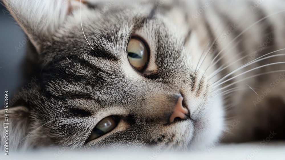 Aufkleber close-up portrait of a grey tabby cat resting, showcasing its striking green eyes and soft fur textu