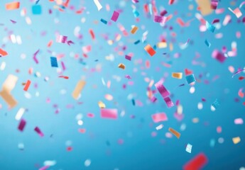 Fototapeta na wymiar Vibrant confetti falling against a bright blue backdrop, celebrating joy and festivity with colorful pieces of paper. : Generative AI
