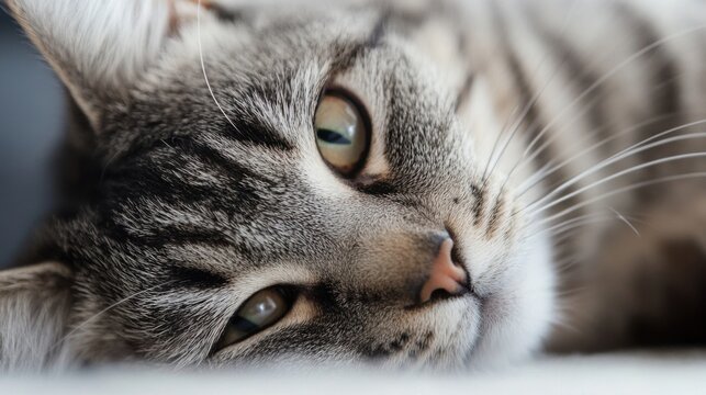 Close-up portrait of a grey tabby cat resting, showcasing its striking green eyes and soft fur texture. The cat's relaxed posture and peaceful expression create a serene and calming im : Generative AI