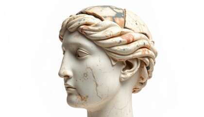 Fragmentary marble head, classical youth, weathered, isolated on white, head, isolated