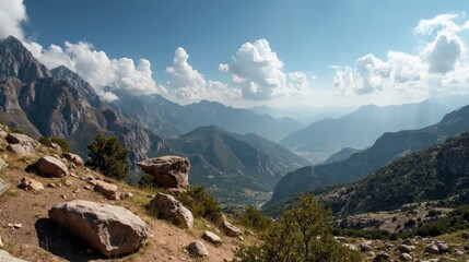 Sunny Sierra Calderona mountain range captured in a wide-angle midday panorama.