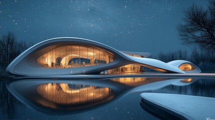 Obraz premium Futuristic Lakeside Villa: Modern Architecture Design