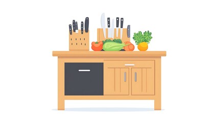 Kitchen Island with Fresh Veggies, and Knives.