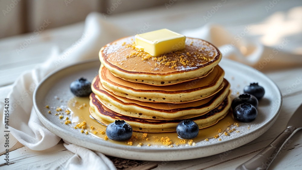 Poster Stack of golden pancakes with blueberries and butter, drizzled with maple syrup.