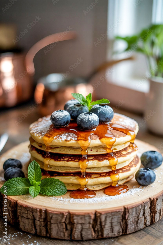 Poster stack of delicious pancakes with blueberries and maple syrup