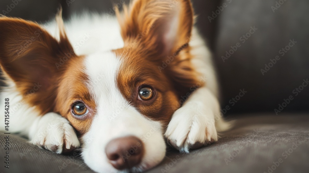 Poster adorable red merle border collie puppy resting its head on a brown couch, showing its big, expressiv