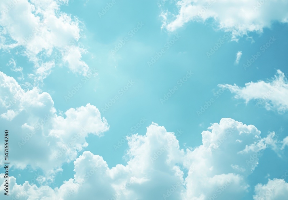 Poster a serene image of fluffy white cumulus clouds scattered across a pale turquoise sky, creating a peac