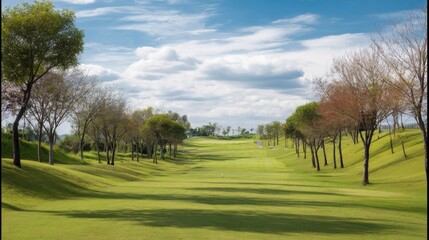 Obraz premium Scenic golf course fairway with lush green grass, lined by trees under a partly cloudy blue sky, offering a tranquil and peaceful atmosphere. : Generative AI