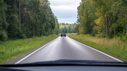 A dark-colored car drives down a straight asphalt road lined with lush green trees and tall grass under a cloudy sky. : Generative AI
