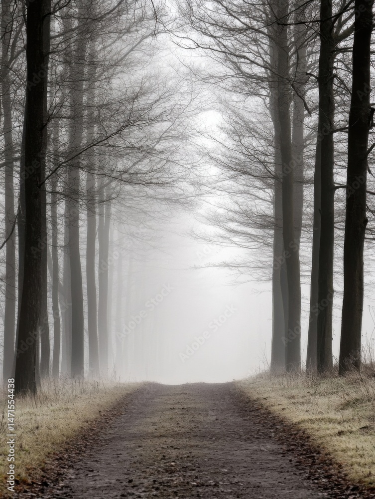 Leinwandbilder A misty path winds through a line of bare trees on a cold, winter morning, creating a serene and mysterious atmosphere. : Generative AI