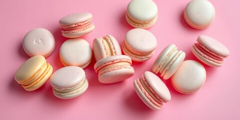 Obraz premium Pastel macarons arranged on a pink background, delicate shadows enhance the minimalist aesthetic, dessert, texture
