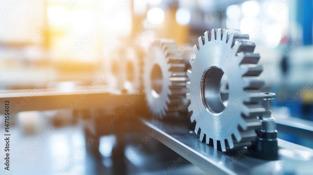 Poster close-up of three metallic gears on a steel surface, industrial setting, sunlit, showcasing precisio