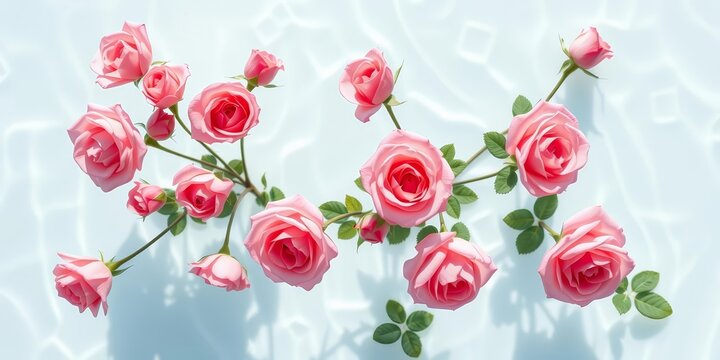 Pink roses afloat in clear water, sunlit, white backdrop Summer bloom Top view, water, white background