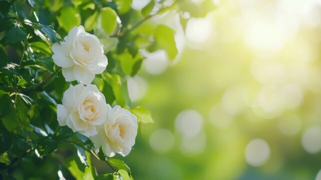 Three delicate white roses bloom on a lush green bush, bathed in soft sunlight, creating a serene and peaceful summer garden scene. : Generative AI - Powered by Adobe
