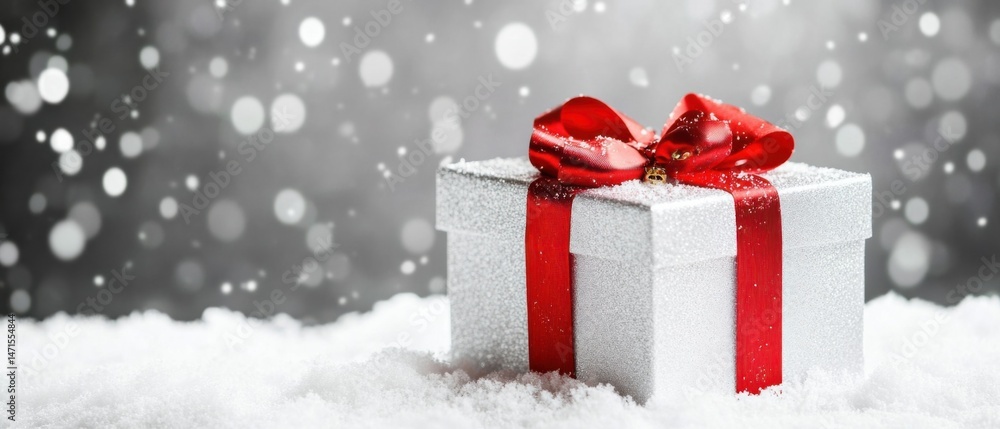 Poster a silver gift box with a red ribbon sits in the snow against a bokeh background, perfect for winter 
