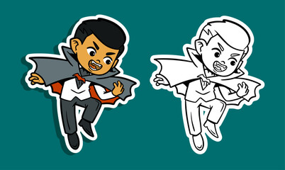 Cartoon vampire boy with cape and fangs