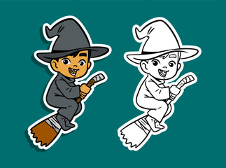 A cute cartoon boy dressed as a witch flying on a broomstick for Halloween.