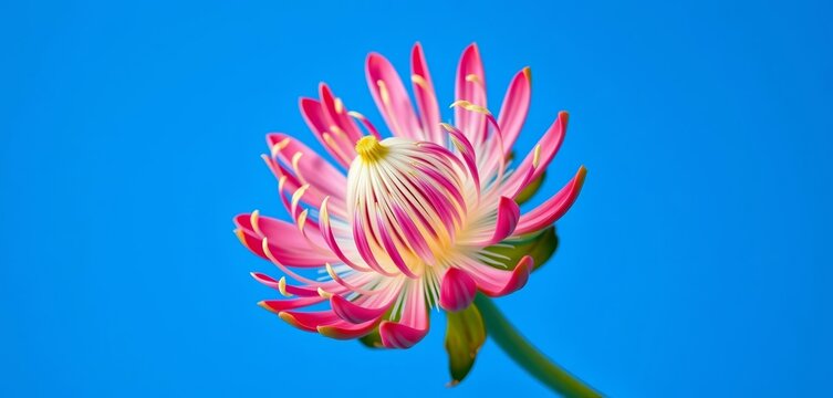 Single delicate blue pincushion protea blossom on blue backdrop, flower, serruria