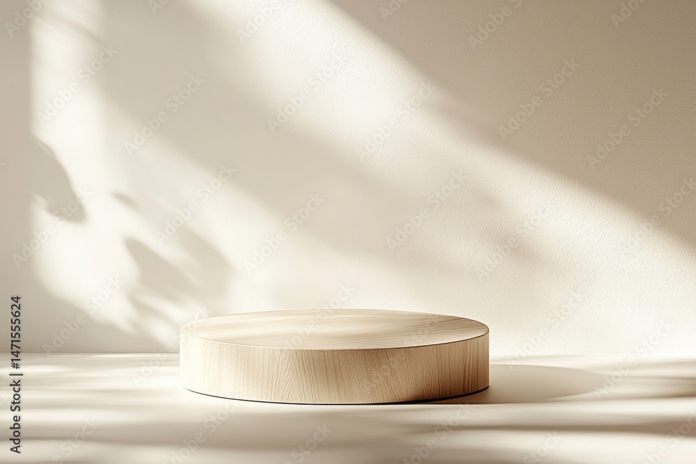 Poster minimalist wooden display platform bathed in soft sunlight, casting delicate leaf shadows on a neutr