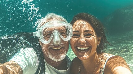 Senior happy couple taking selfie in tropical sea excursions with water mask