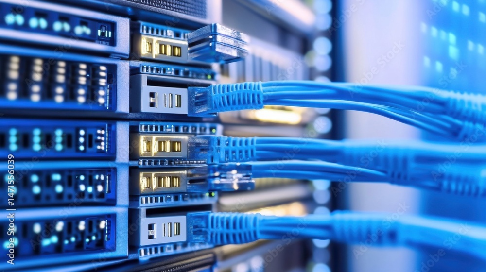 Poster close-up view of blue fiber optic cables connected to a server rack, showcasing intricate network in